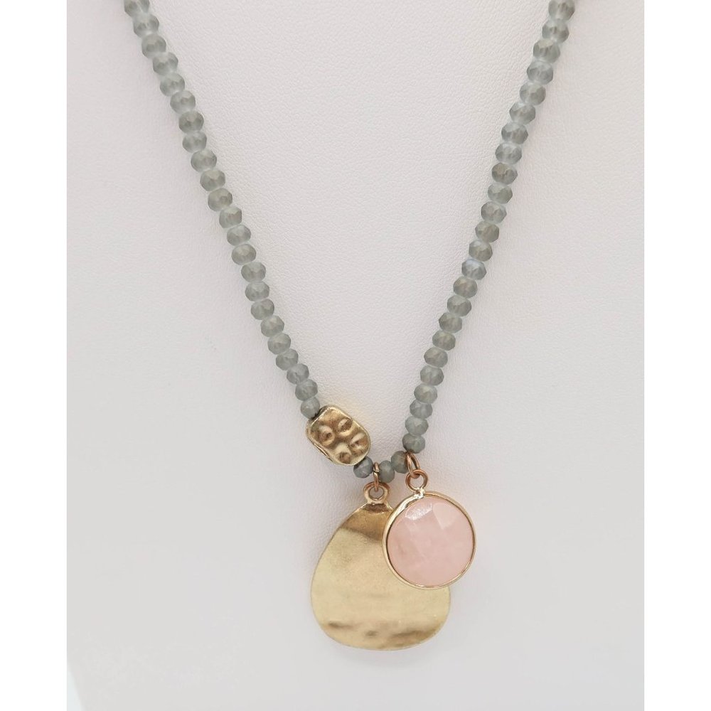 Sea Glass Faceted Bead & Pink Gold Tone Pendant Necklace 37.5" Unsigned